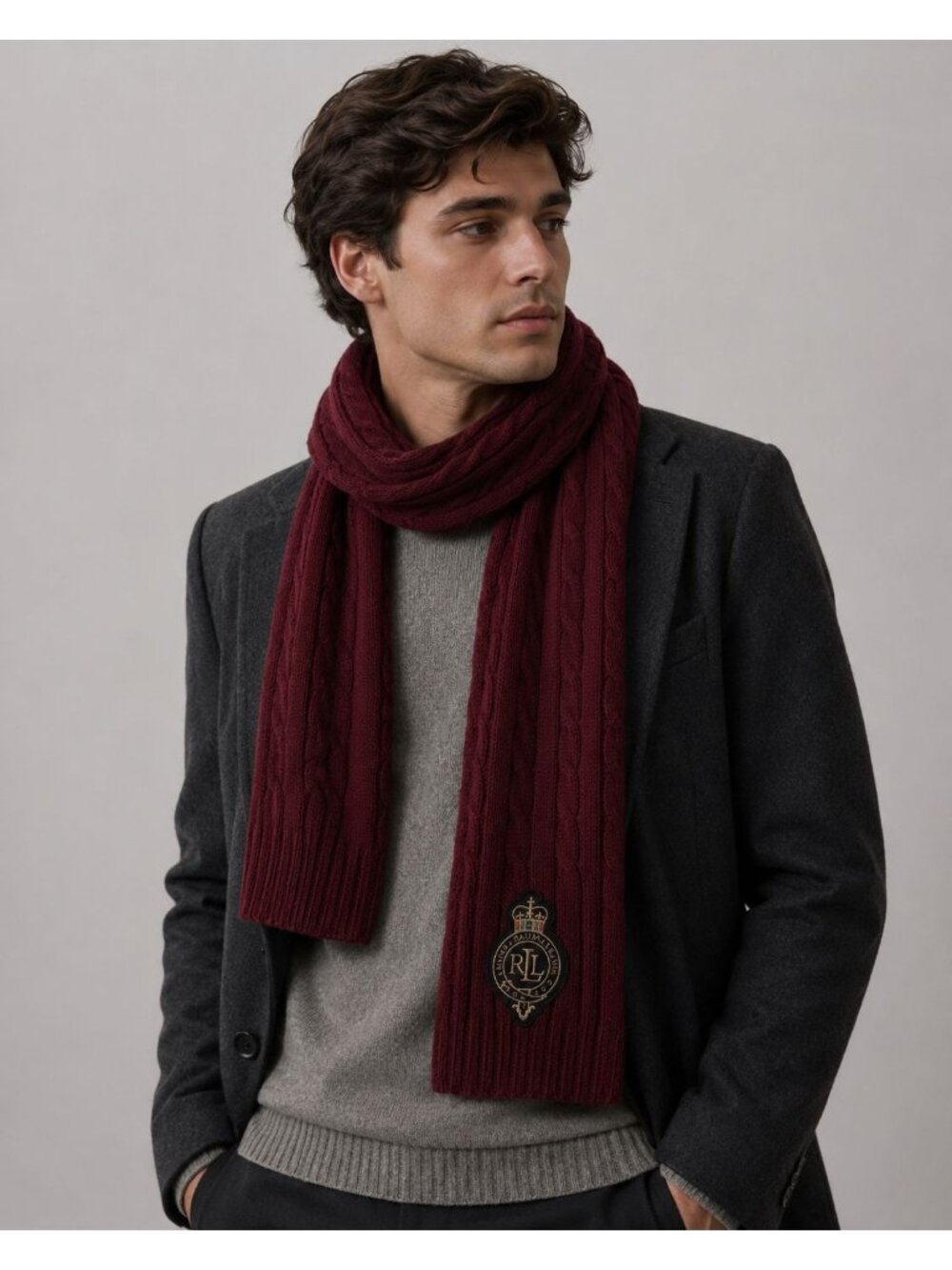 NWT Ralph Lauren Cable Knit Logo Scarf Burgundy Size One Size